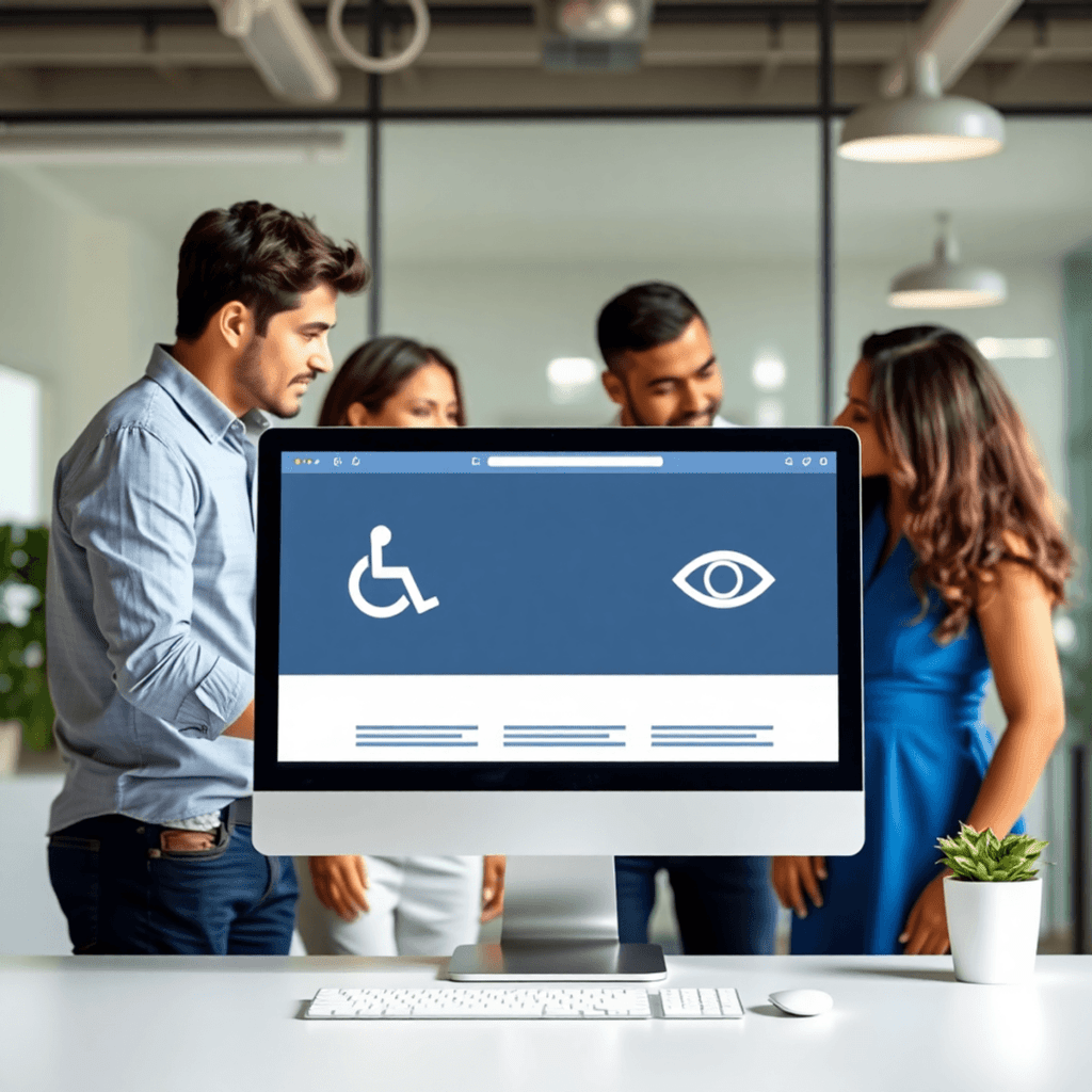 A computer screen shows a website with accessibility icons, while people collaborate and discuss in a modern office setting.