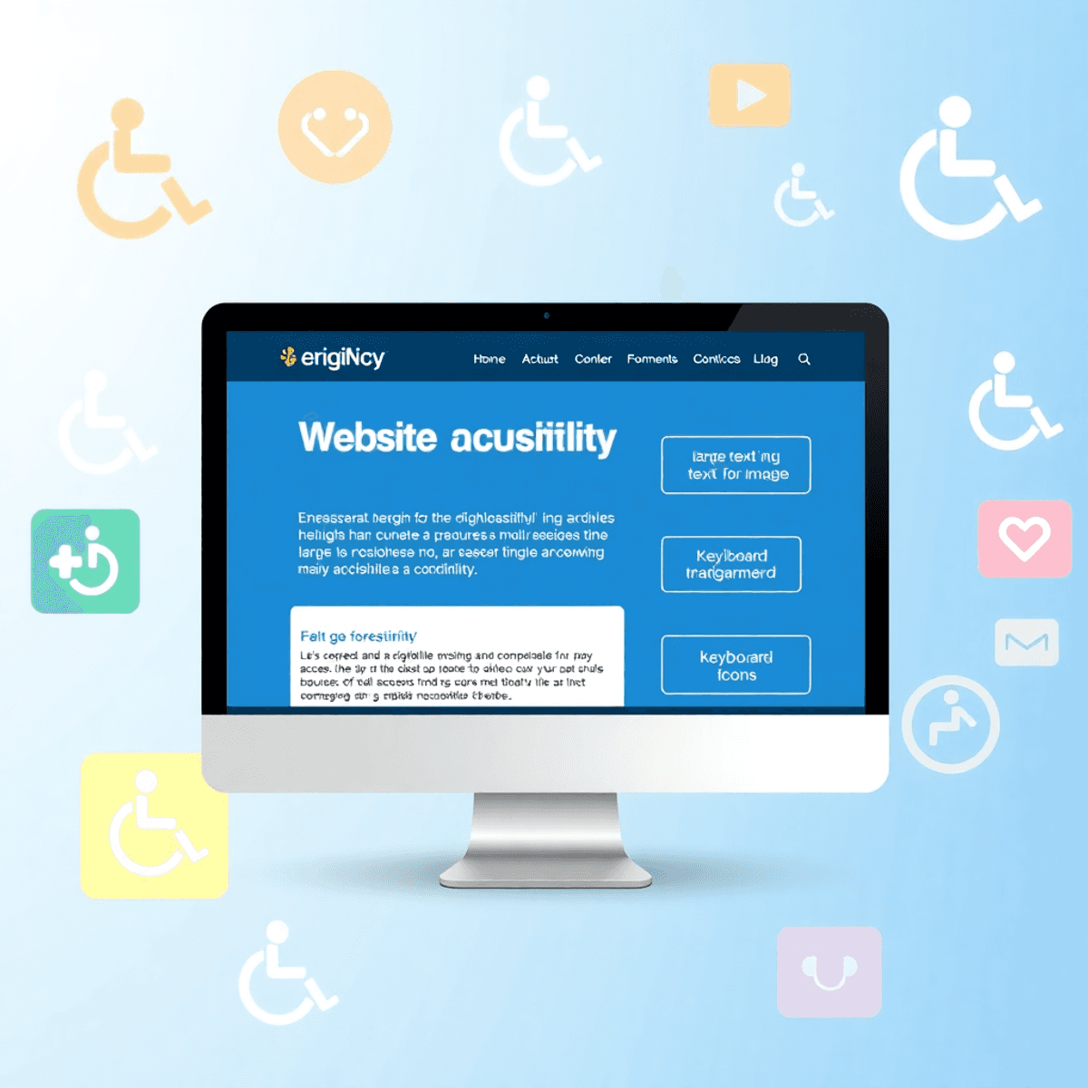 A computer screen shows a website with accessibility features, surrounded by diverse symbols like wheelchair and hearing aid icons, highlighting di...