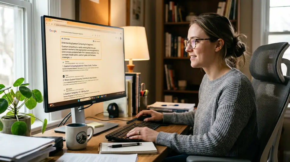 Woman at computer screen with ai search result